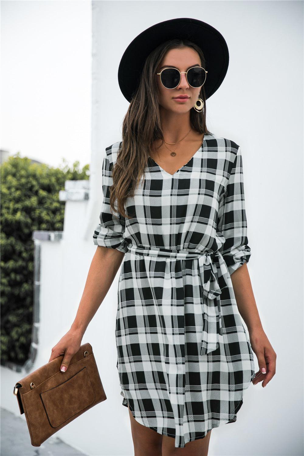Plaid V-Neck Tie Waist Dress BLUE ZONE PLANET