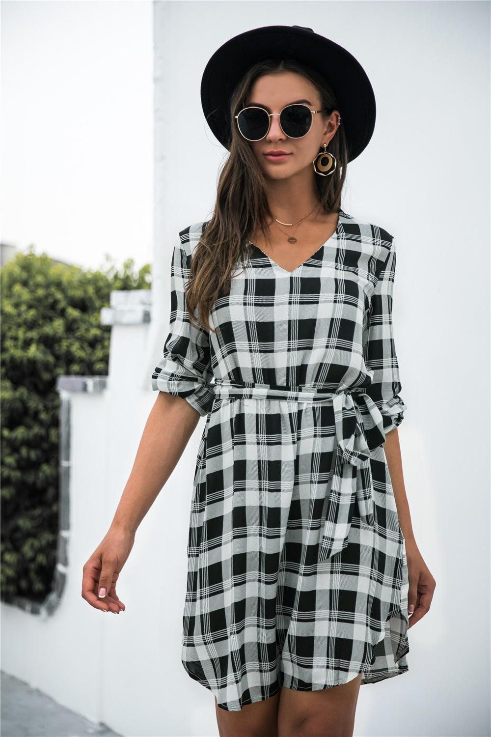 Plaid V-Neck Tie Waist Dress BLUE ZONE PLANET