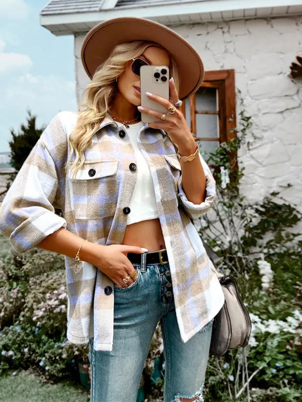 Plaid long sleeve shirt coat BLUE ZONE PLANET