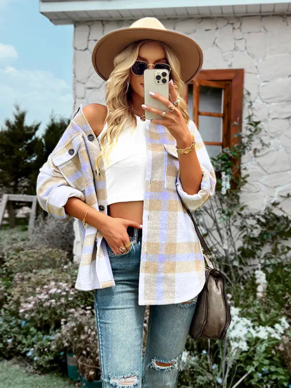 Plaid long sleeve shirt coat BLUE ZONE PLANET