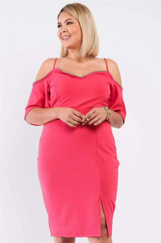 Plus Coral Pink Off-the-shoulder Silver Ball Beaded Hem Mini Dress Blue Zone Planet