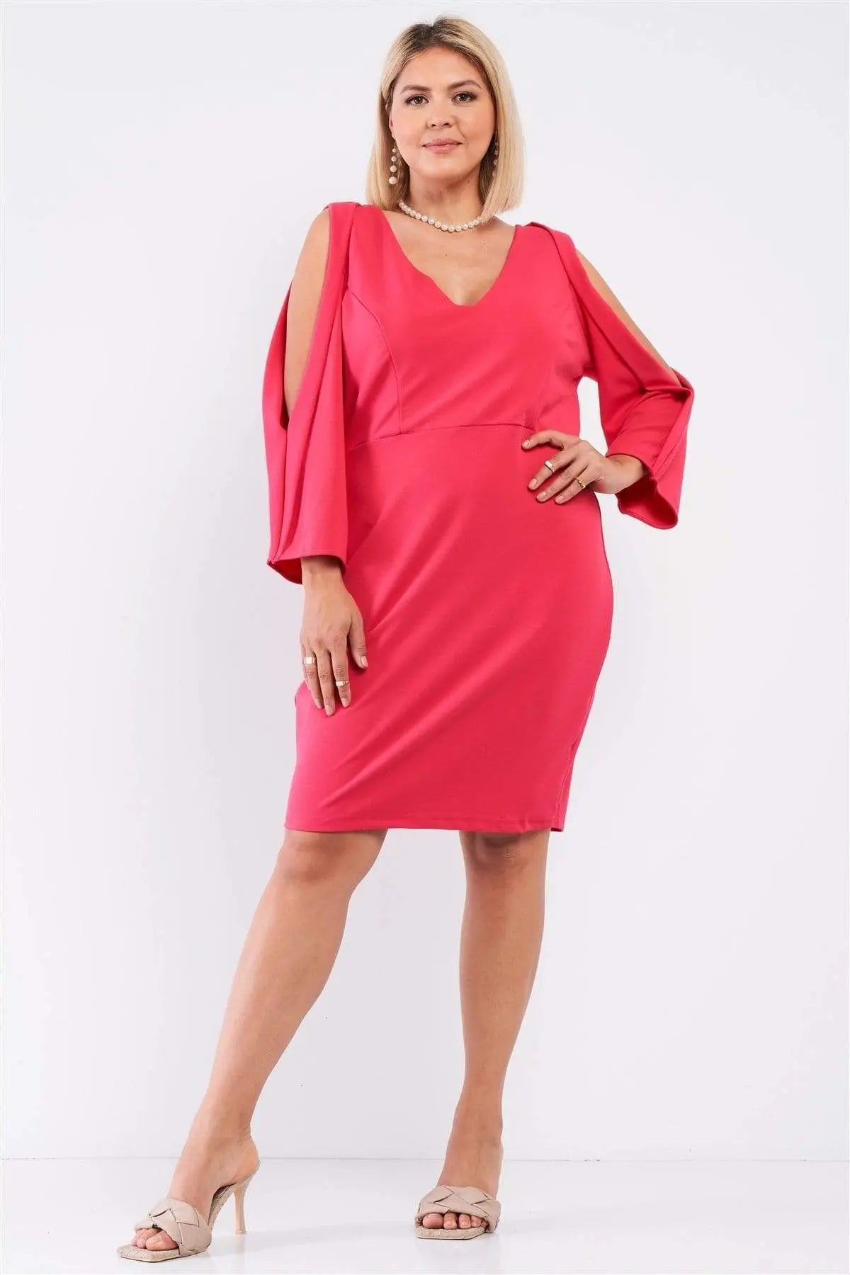 Plus Coral Pink Plunging V-Neck Long Slit Sleeve Detail Mini Dress Blue Zone Planet