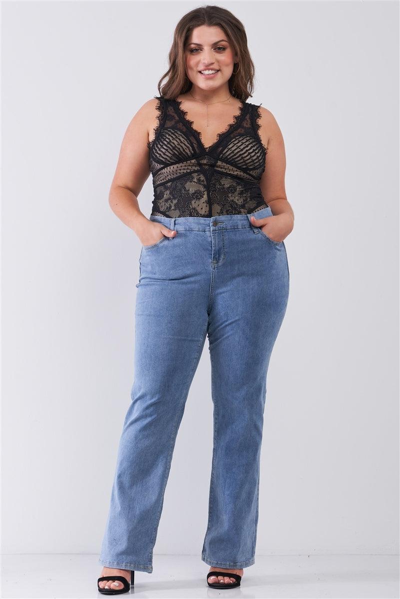 Plus Mid-wash Blue Denim Low-rise Wide-leg Upsized Basic Dad Jeans Blue Zone Planet