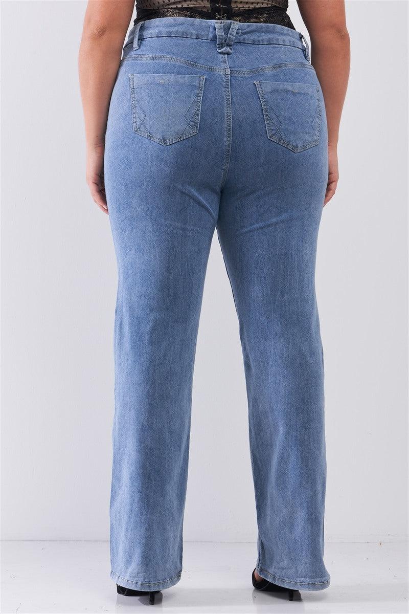 Plus Mid-wash Blue Denim Low-rise Wide-leg Upsized Basic Dad Jeans Blue Zone Planet