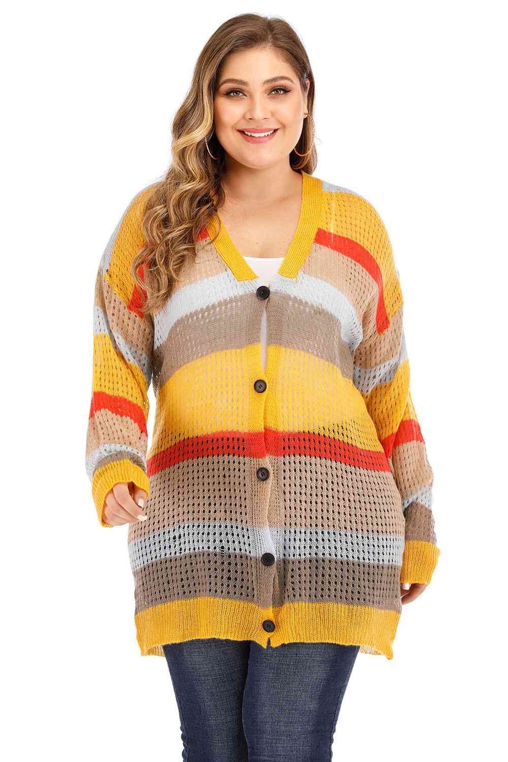 Plus Openwork Color Block Button Up Cardigan BLUE ZONE PLANET