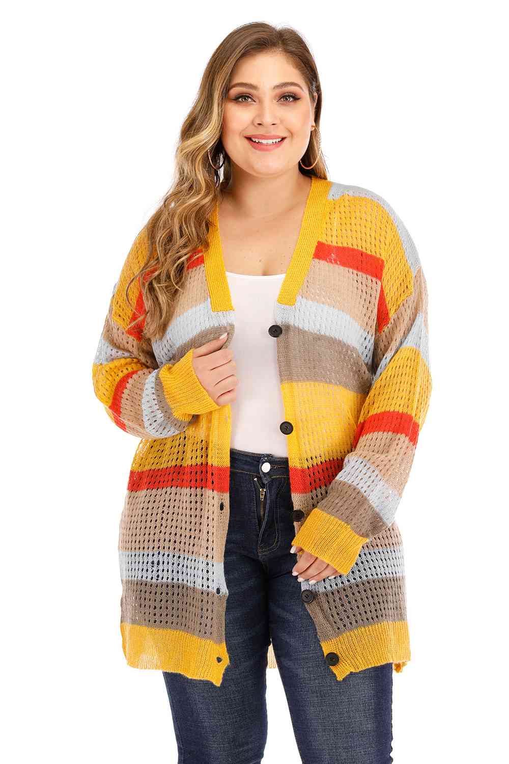 Plus Openwork Color Block Button Up Cardigan BLUE ZONE PLANET