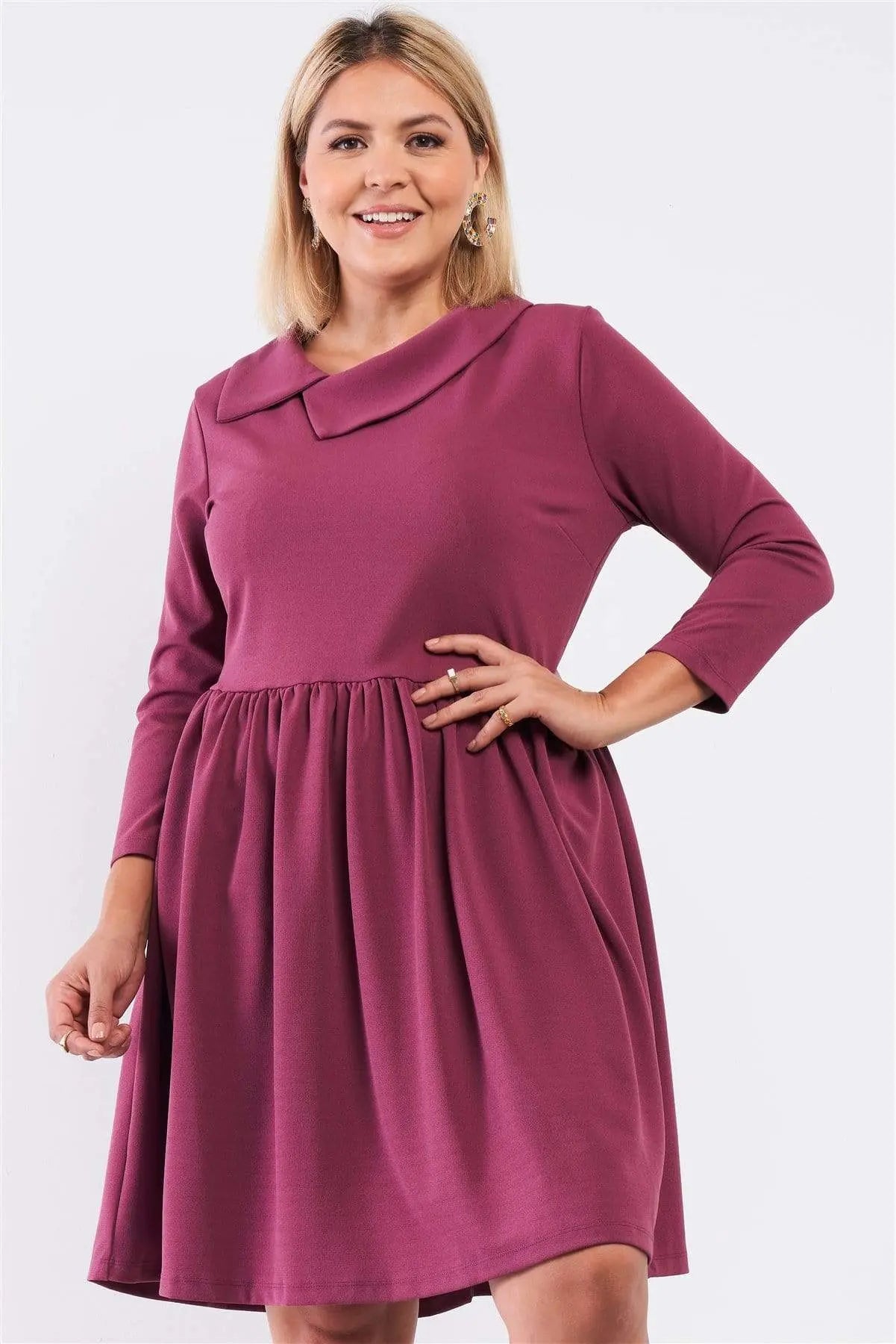 Plus Pleated Preppy Fit & Flare Long Sleeve Asymmetrical Peter Pan Collar Mini Dress Blue Zone Planet