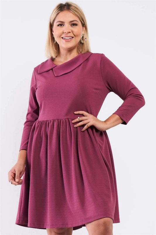 Plus Pleated Preppy Fit & Flare Long Sleeve Asymmetrical Peter Pan Collar Mini Dress Blue Zone Planet