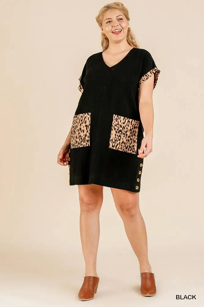 Plus Size Animal Print Short Folded Sleeve V-neck Dress With Side Buttons And Front Pockets Blue Zone Planet