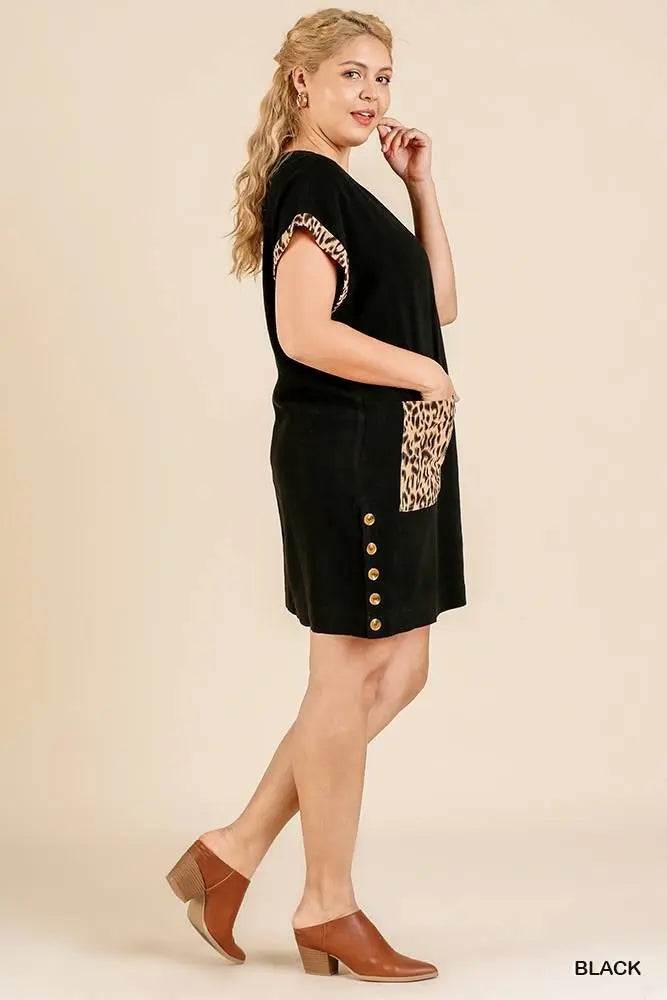 Plus Size Animal Print Short Folded Sleeve V-neck Dress With Side Buttons And Front Pockets Blue Zone Planet
