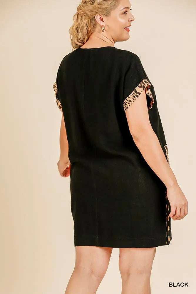 Plus Size Animal Print Short Folded Sleeve V-neck Dress With Side Buttons And Front Pockets Blue Zone Planet
