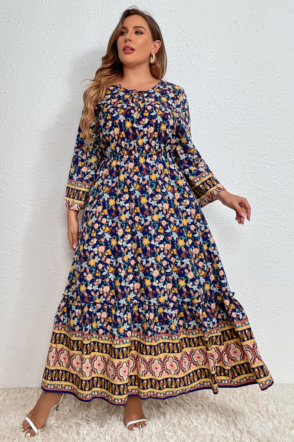 Plus Size Bohemian Round Neck Maxi Dress BLUE ZONE PLANET
