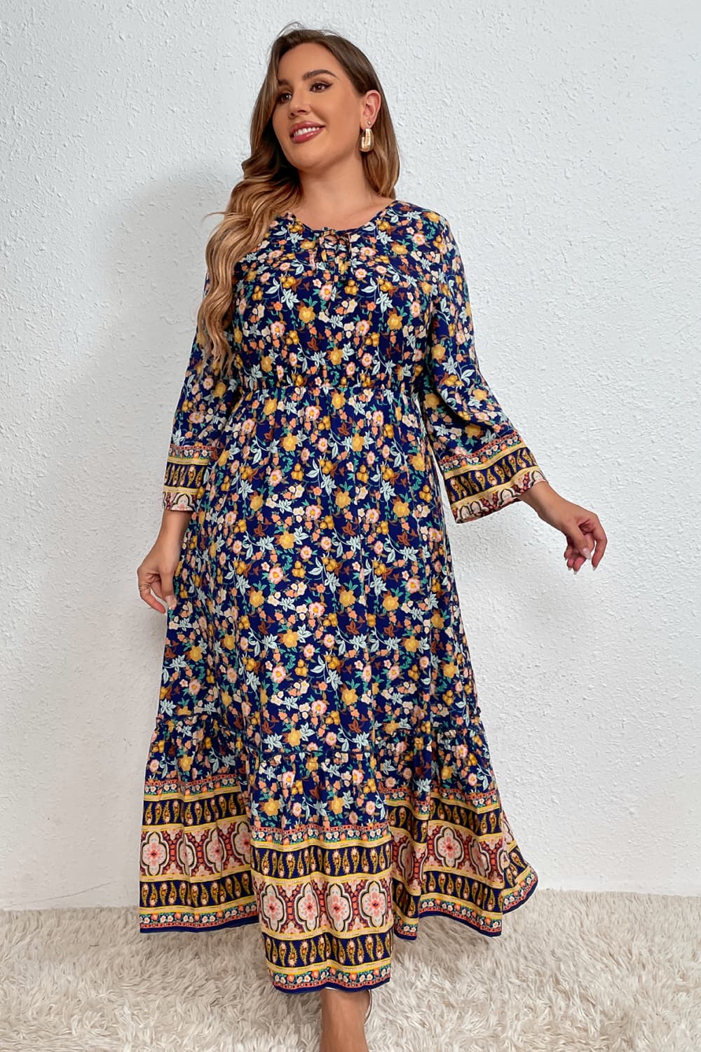 Plus Size Bohemian Round Neck Maxi Dress BLUE ZONE PLANET