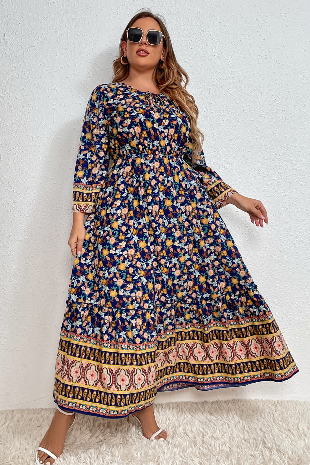 Plus Size Bohemian Round Neck Maxi Dress BLUE ZONE PLANET