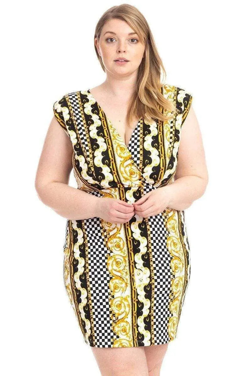 Plus Size Border Print V-Neck Bodycon Dress Blue Zone Planet