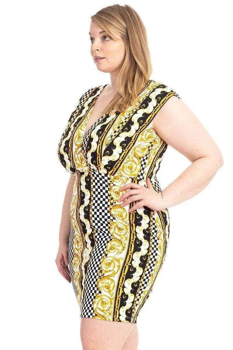 Plus Size Border Print V-Neck Bodycon Dress Blue Zone Planet