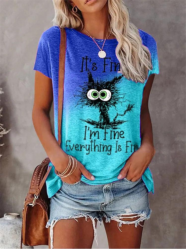 Plus Size Cat Graphic Print & Slogan Short Sleeve Round Neck Medium Stretch Casual T-Shirt Blue Zone Planet