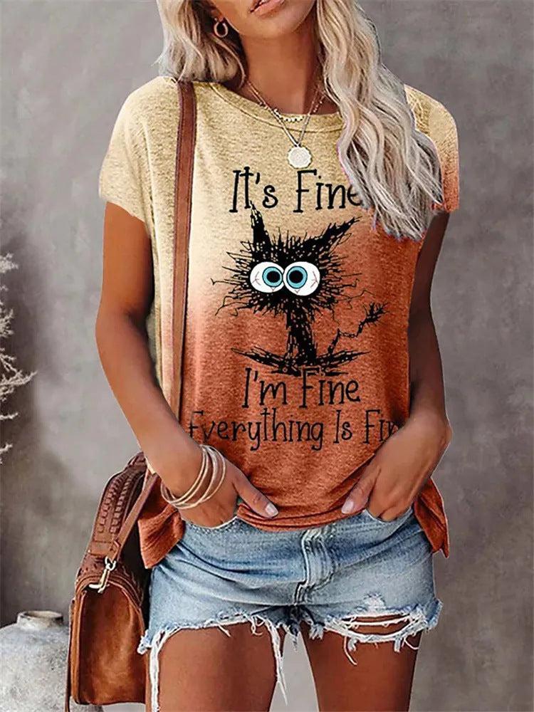 Plus Size Cat Graphic Print & Slogan Short Sleeve Round Neck Medium Stretch Casual T-Shirt Blue Zone Planet