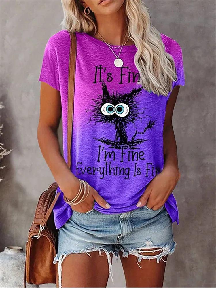 Plus Size Cat Graphic Print & Slogan Short Sleeve Round Neck Medium Stretch Casual T-Shirt Blue Zone Planet