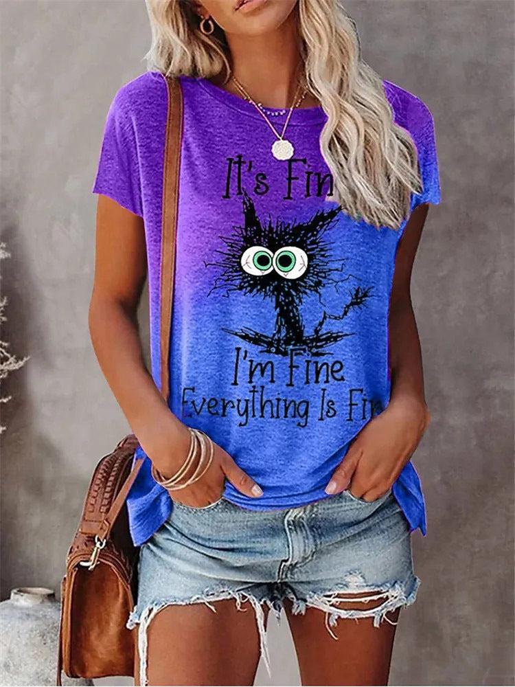 Plus Size Cat Graphic Print & Slogan Short Sleeve Round Neck Medium Stretch Casual T-Shirt Blue Zone Planet