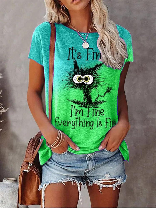 Plus Size Cat Graphic Print & Slogan Short Sleeve Round Neck Medium Stretch Casual T-Shirt Blue Zone Planet