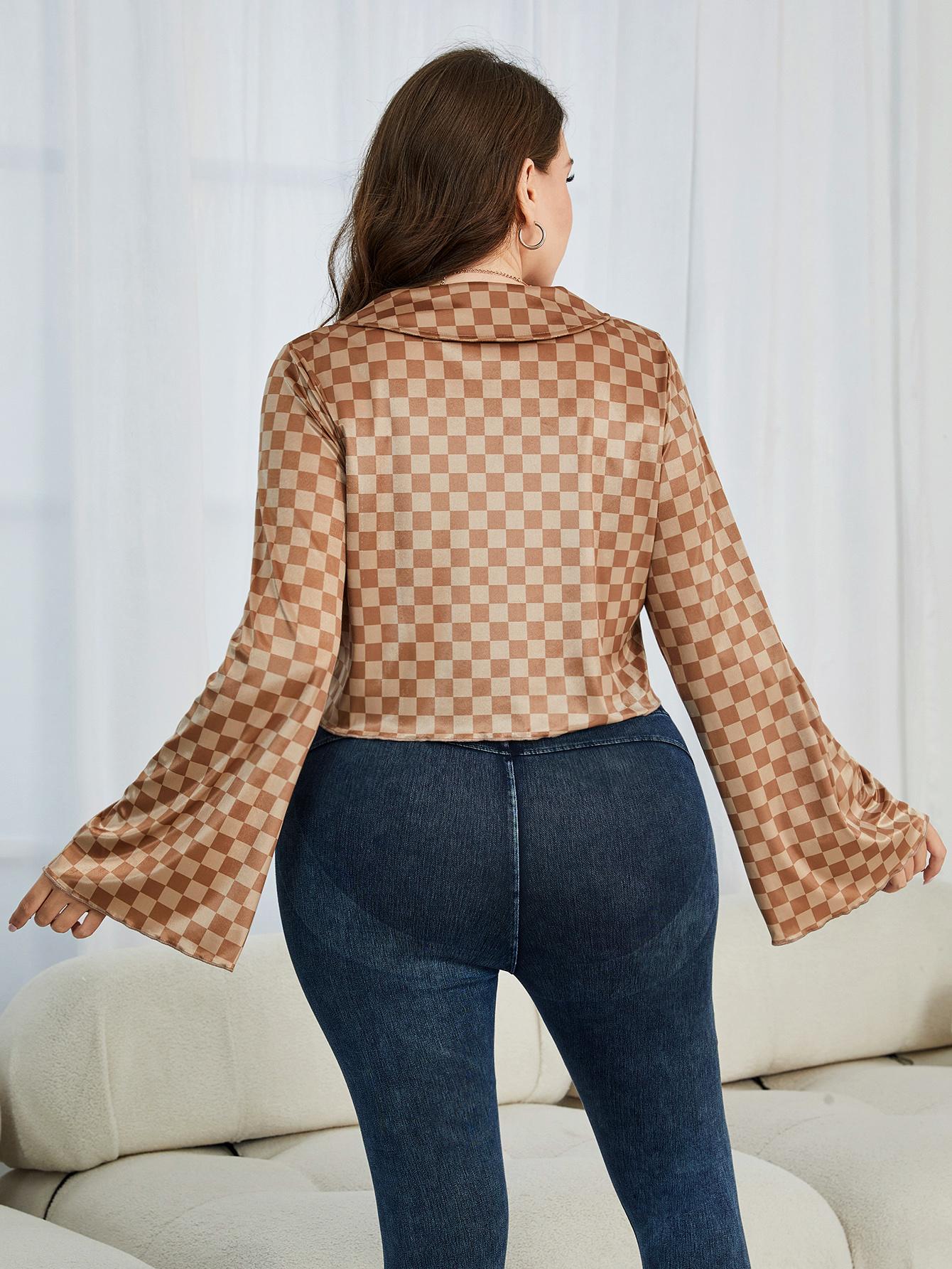 Plus Size Checkered Johnny Collar Flare Sleeve Shirt BLUE ZONE PLANET