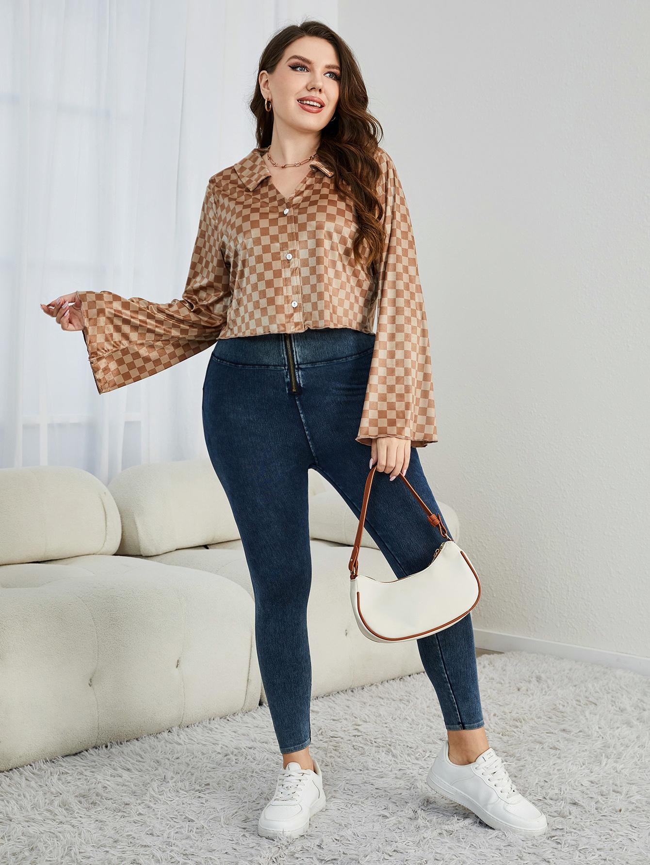 Plus Size Checkered Johnny Collar Flare Sleeve Shirt BLUE ZONE PLANET