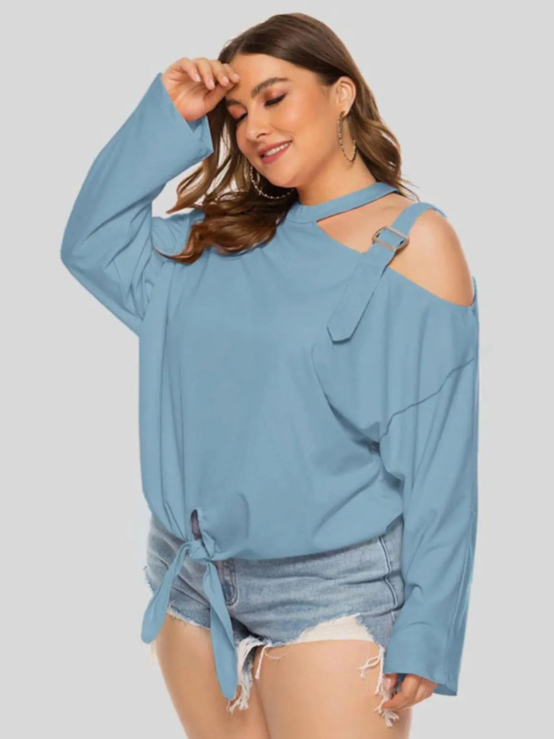 Plus Size Cold-Shoulder Tied Top BLUE ZONE PLANET
