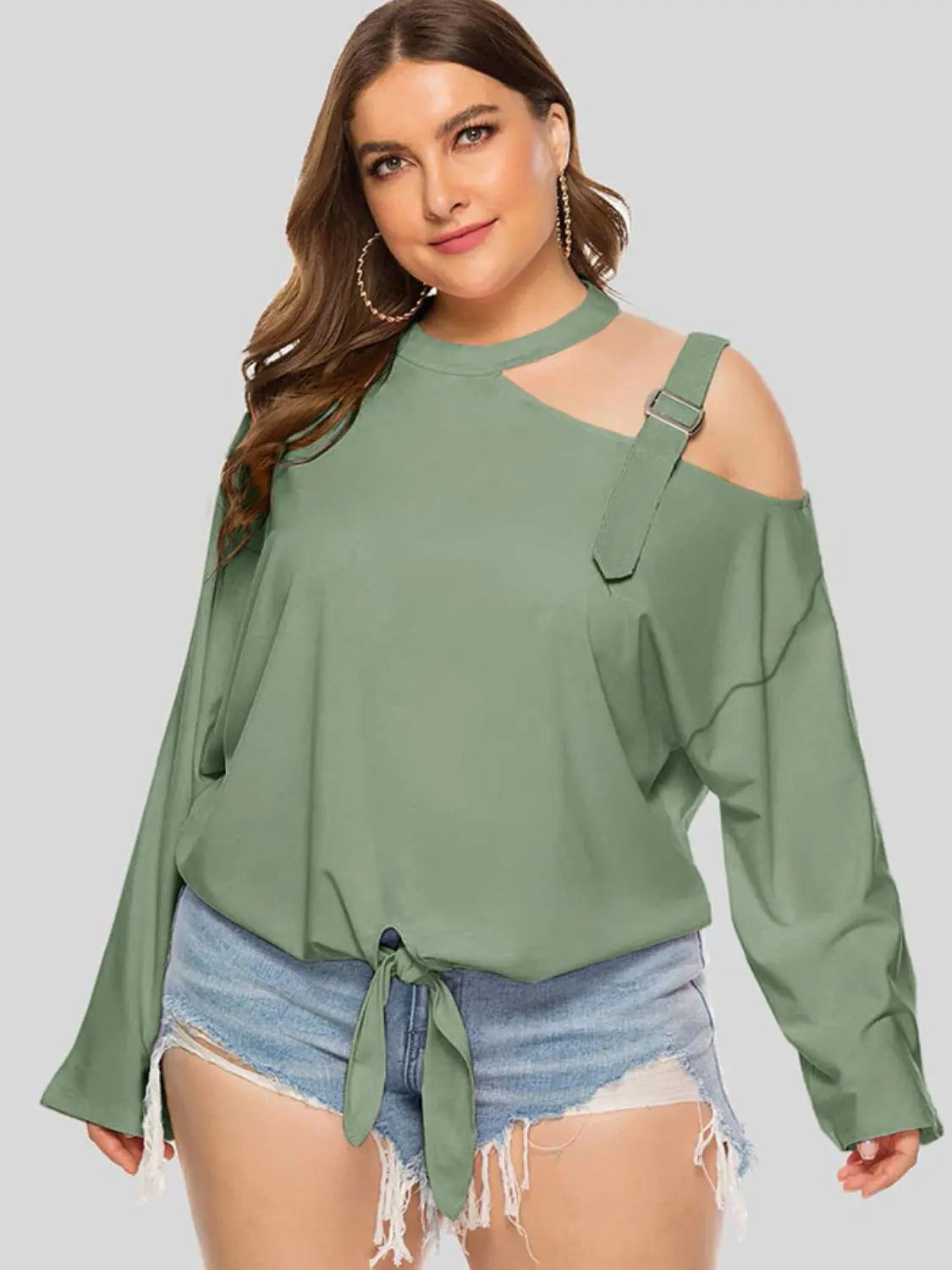 Plus Size Cold-Shoulder Tied Top BLUE ZONE PLANET