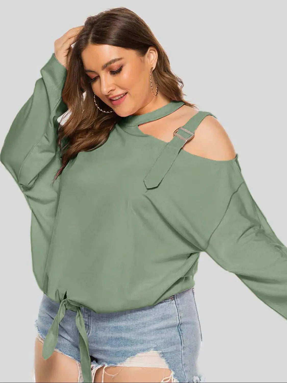 Plus Size Cold-Shoulder Tied Top BLUE ZONE PLANET