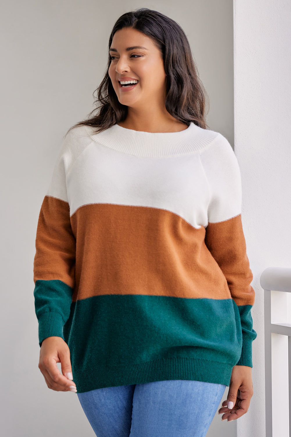 Plus Size Color Block Long Sleeve Sweater BLUE ZONE PLANET