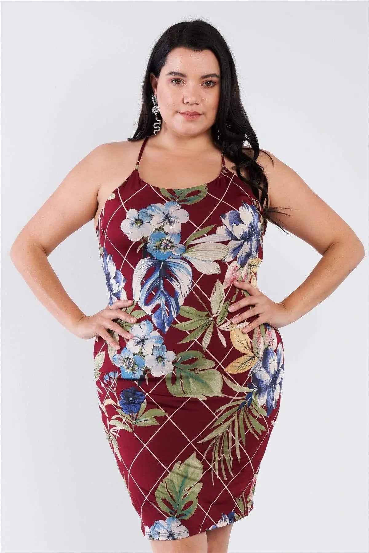 Plus Size Criss-cross Open Back Mini Floral Print Dress Blue Zone Planet
