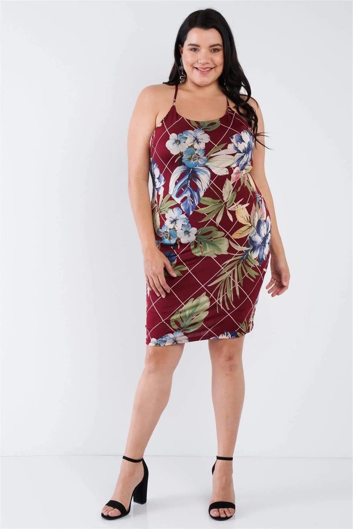 Plus Size Criss-cross Open Back Mini Floral Print Dress Blue Zone Planet