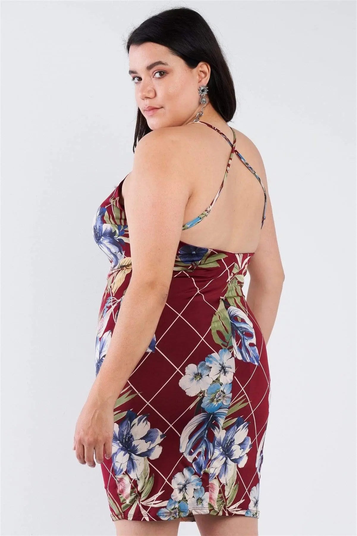 Plus Size Criss-cross Open Back Mini Floral Print Dress Blue Zone Planet