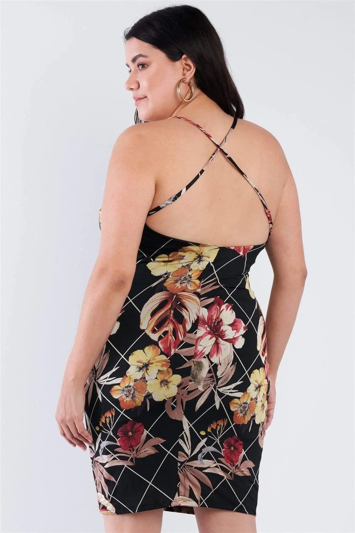 Plus Size Criss-cross Open Back Mini Floral Print Dress Blue Zone Planet