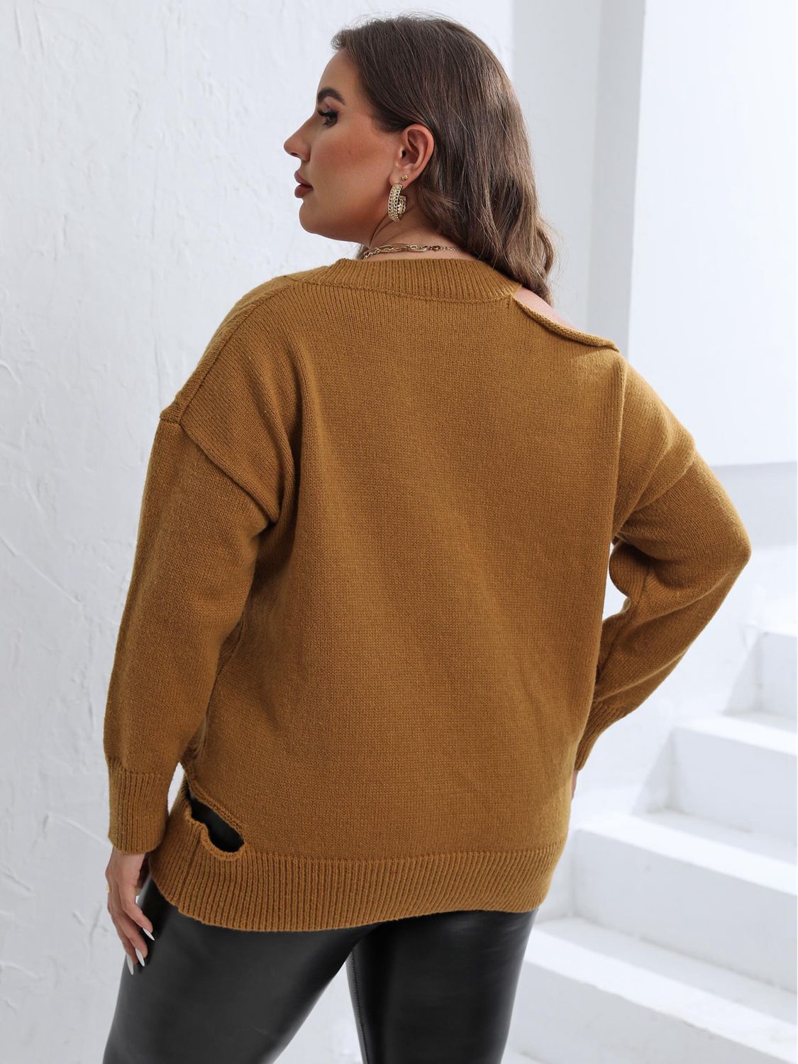 Plus Size Cutout V-Neck Sweater BLUE ZONE PLANET