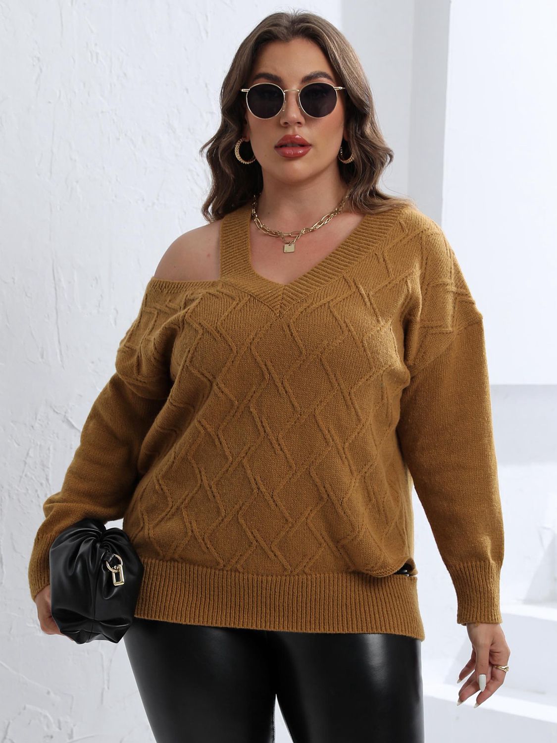 Plus Size Cutout V-Neck Sweater BLUE ZONE PLANET