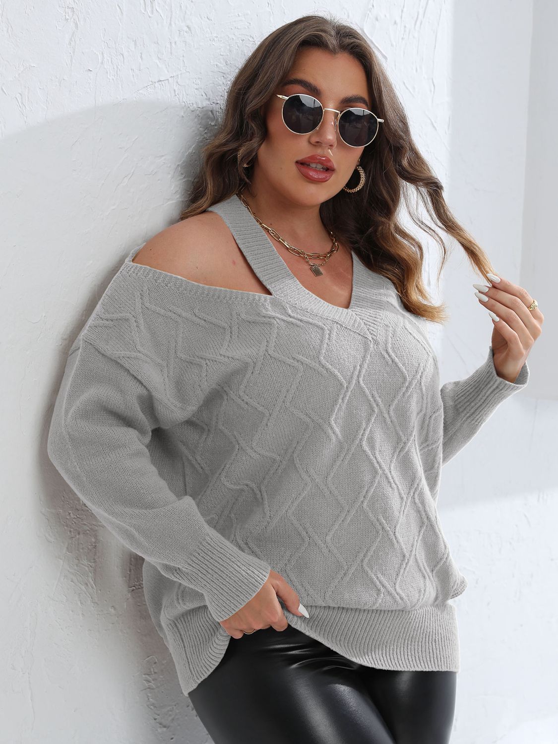 Plus Size Cutout V-Neck Sweater BLUE ZONE PLANET