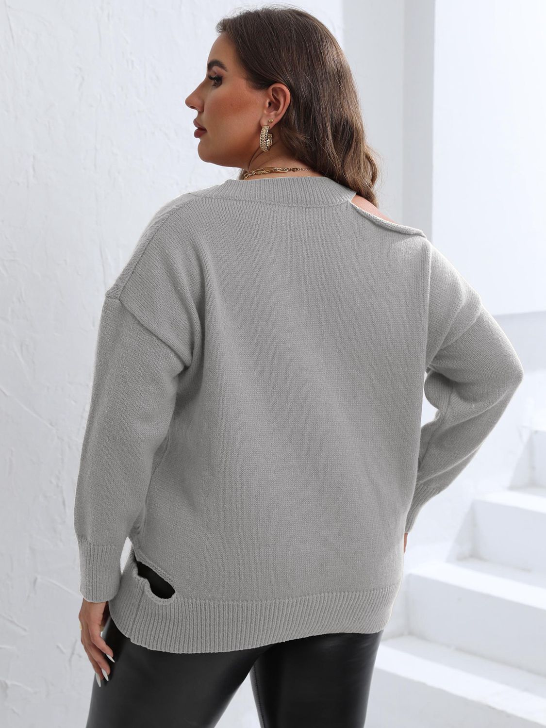 Plus Size Cutout V-Neck Sweater BLUE ZONE PLANET