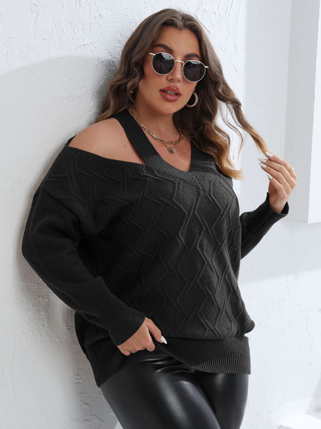 Plus Size Cutout V-Neck Sweater BLUE ZONE PLANET