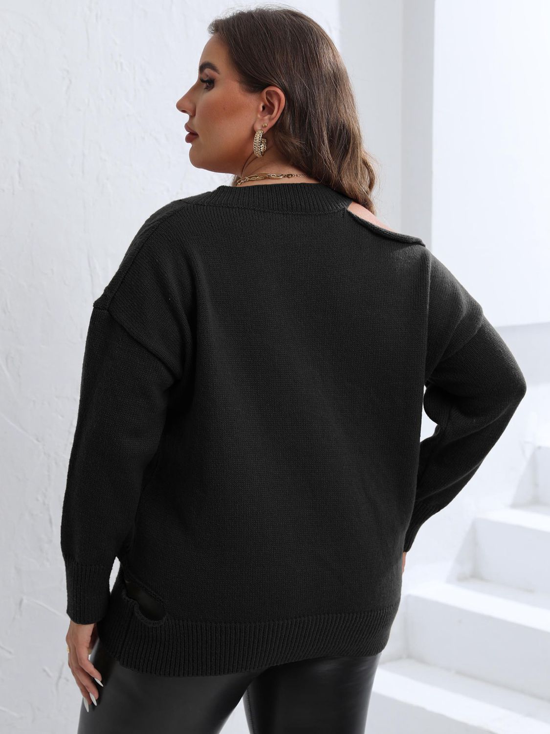 Plus Size Cutout V-Neck Sweater BLUE ZONE PLANET