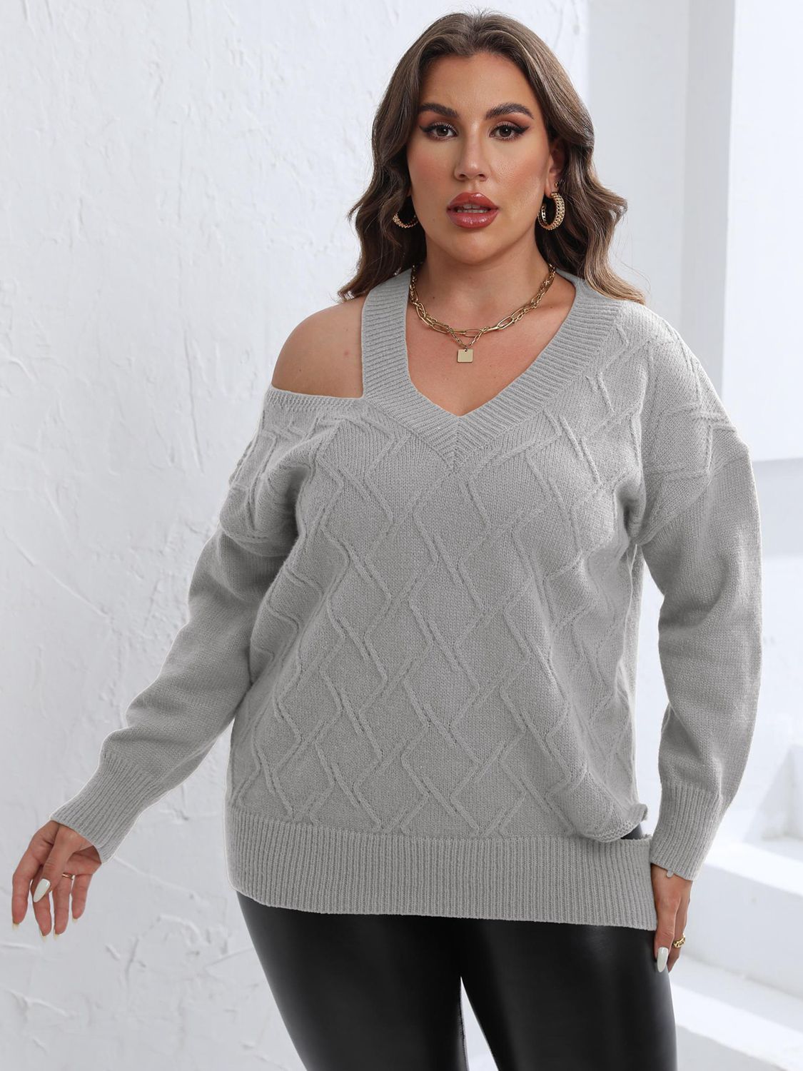 Plus Size Cutout V-Neck Sweater BLUE ZONE PLANET