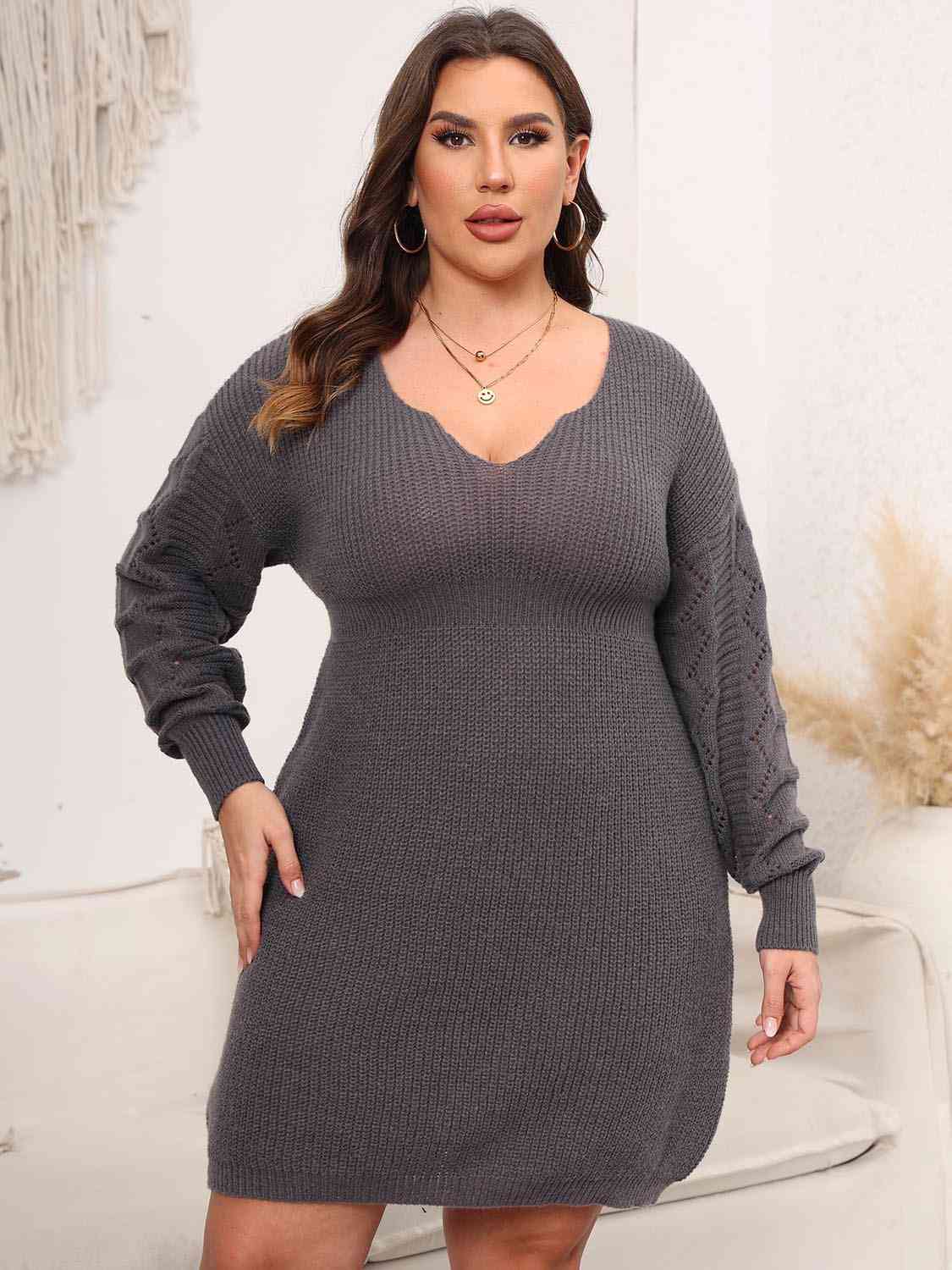 Plus Size Dropped Shoulder Long Sleeve Knit Mini Dress BLUE ZONE PLANET