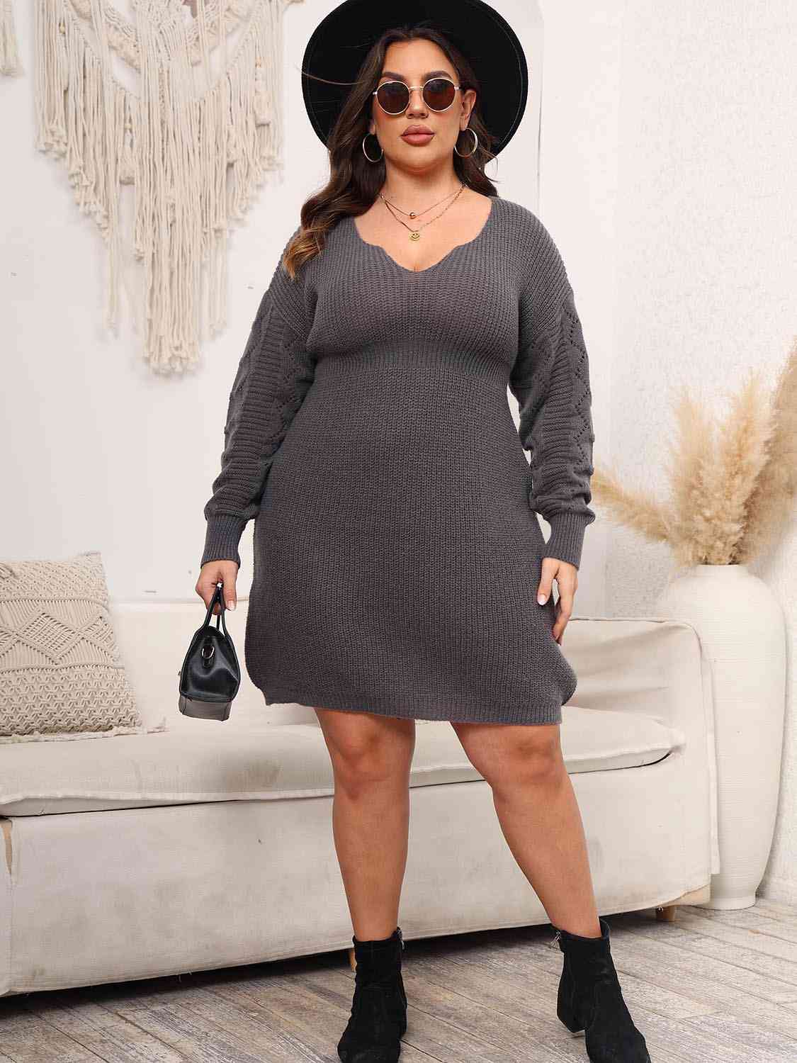 Plus Size Dropped Shoulder Long Sleeve Knit Mini Dress BLUE ZONE PLANET