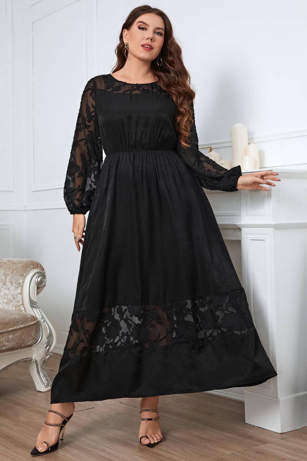 Plus Size Embroidery Round Neck Long Sleeve Maxi Dress BLUE ZONE PLANET