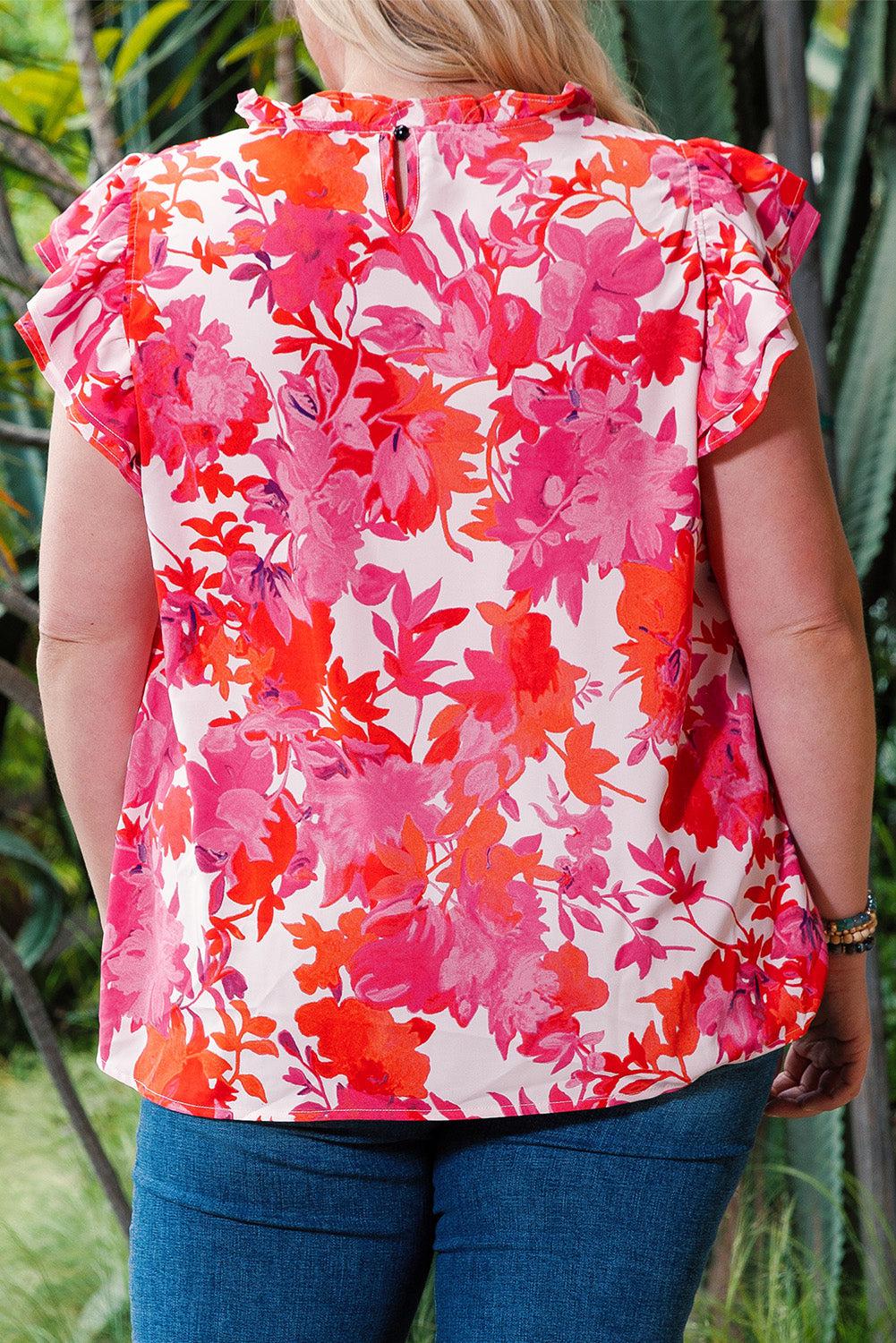 Plus Size Floral Flutter Sleeve Round Neck Blouse BLUE ZONE PLANET