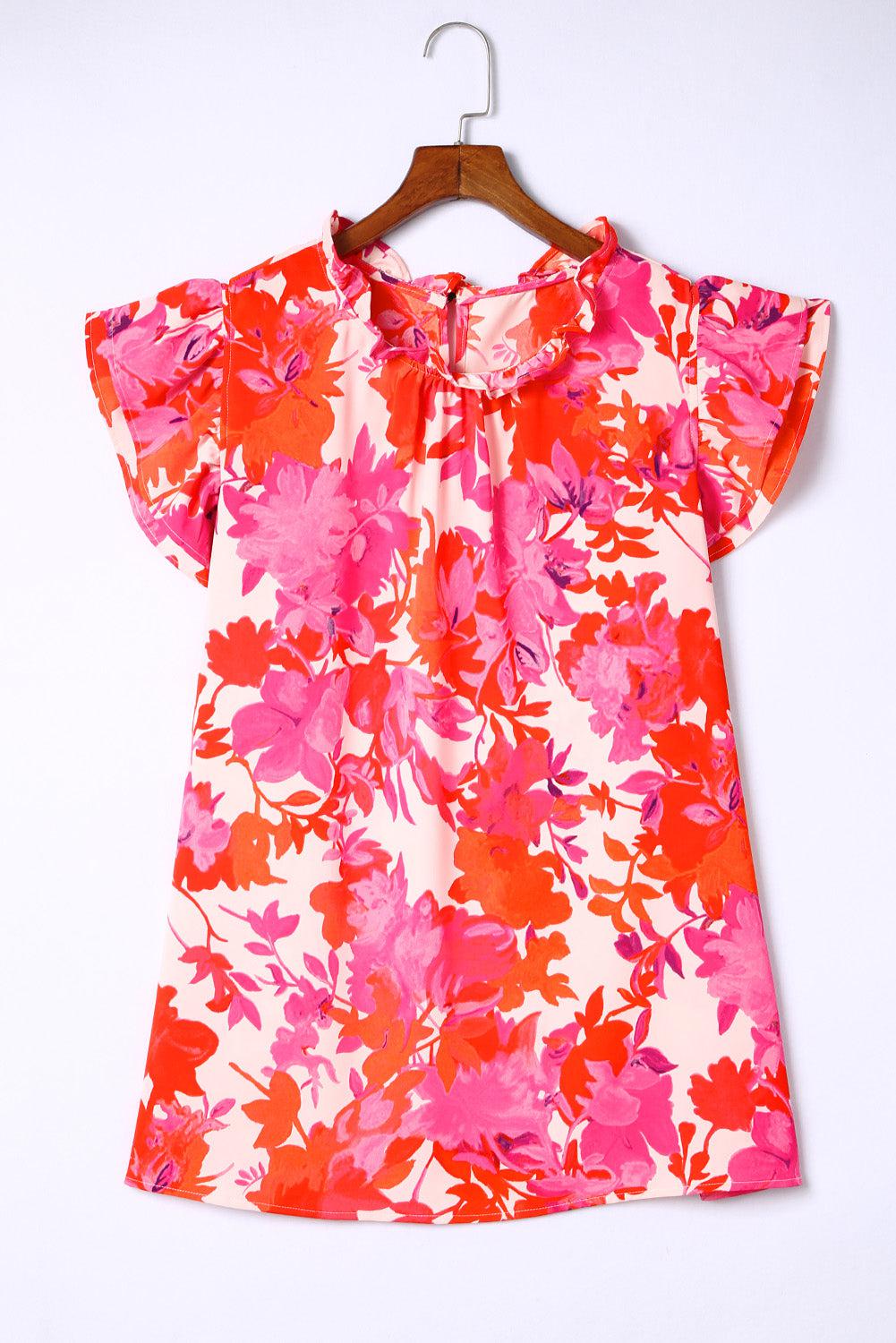 Plus Size Floral Flutter Sleeve Round Neck Blouse BLUE ZONE PLANET