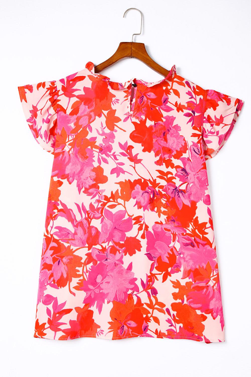 Plus Size Floral Flutter Sleeve Round Neck Blouse BLUE ZONE PLANET