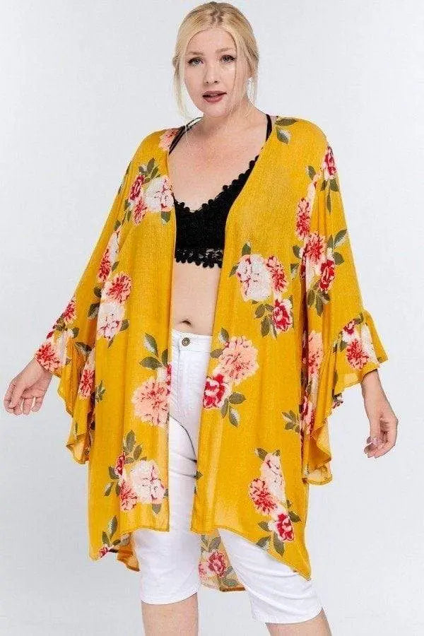 Plus Size Floral Print Ruffle Detailed Draped Longline Maxi Kimono Cardigan Blue Zone Planet