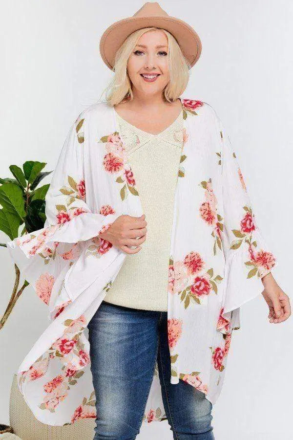 Plus Size Floral Print Ruffle Detailed Draped Longline Maxi Kimono Cardigan Blue Zone Planet